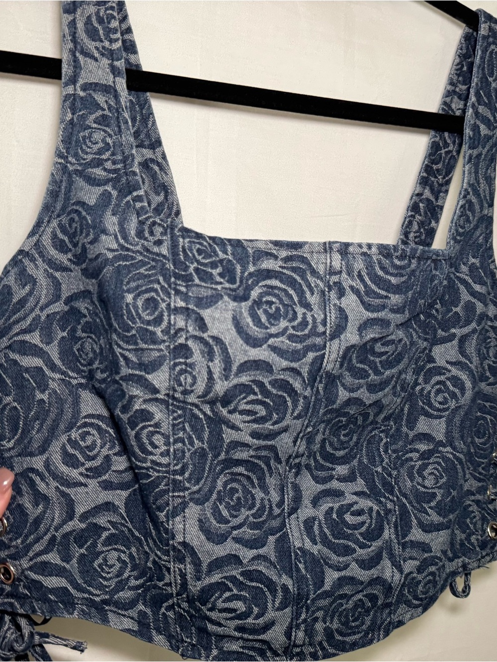 Altar'd State Floral Denim Corset Top Lace Up Blue Sage PT17573-5AS Large - Picture 2 of 6
